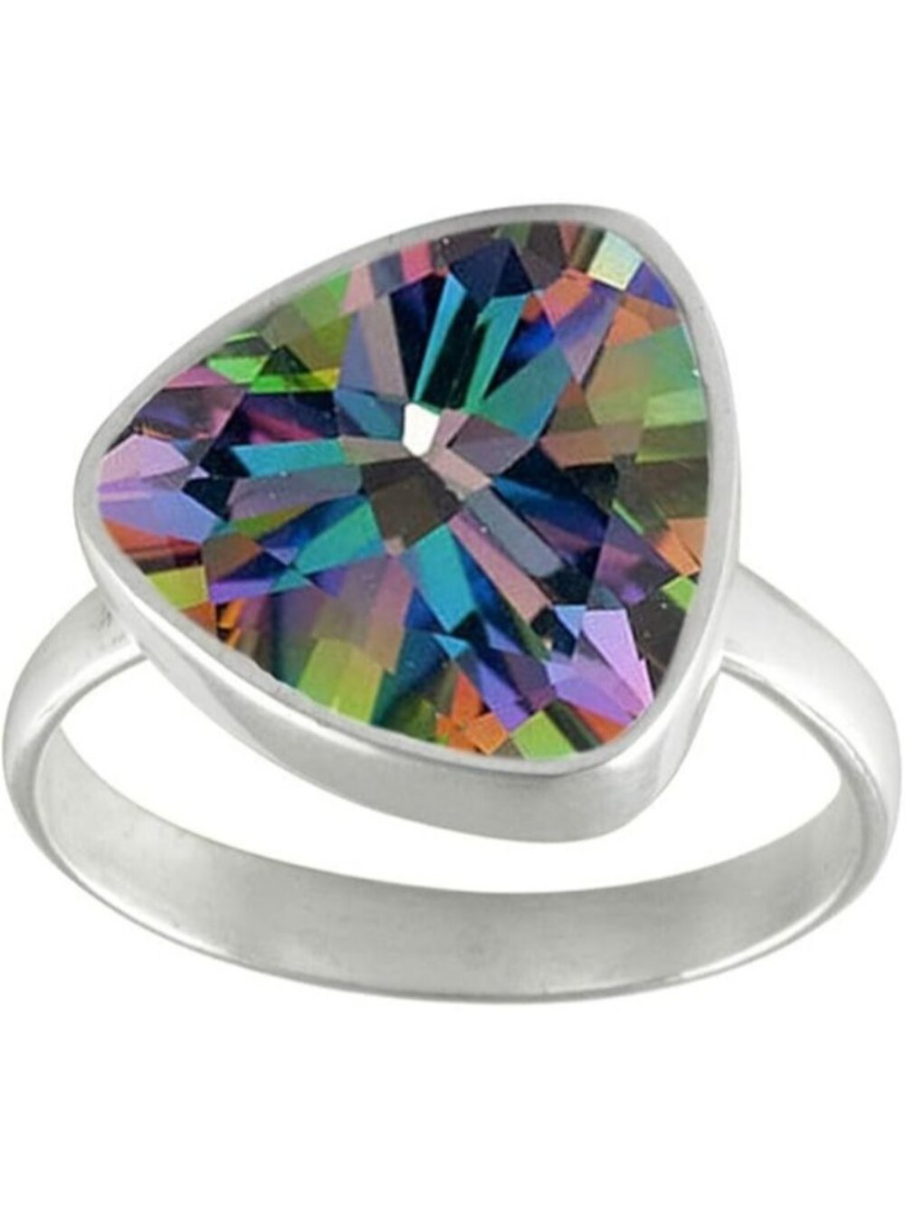 Natural-faceted Mystic Quartz Gemstone Ring Trillion Shape Silver Faceted Ring